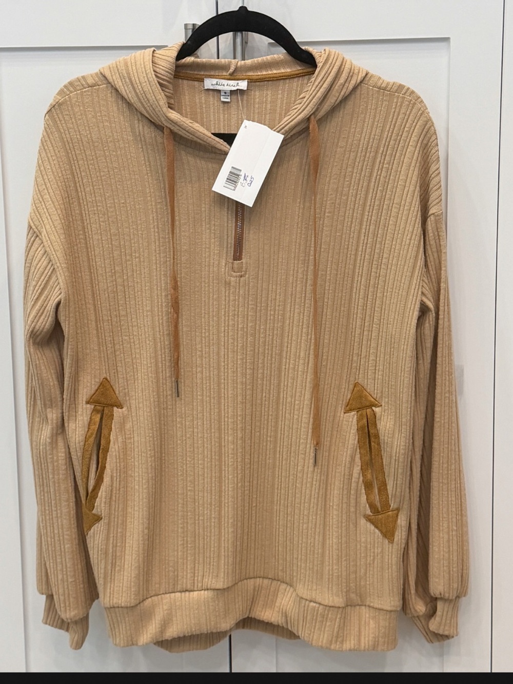 White Birch Tan Ribbed Quarter Zip Hoodie with Pockets Sz S